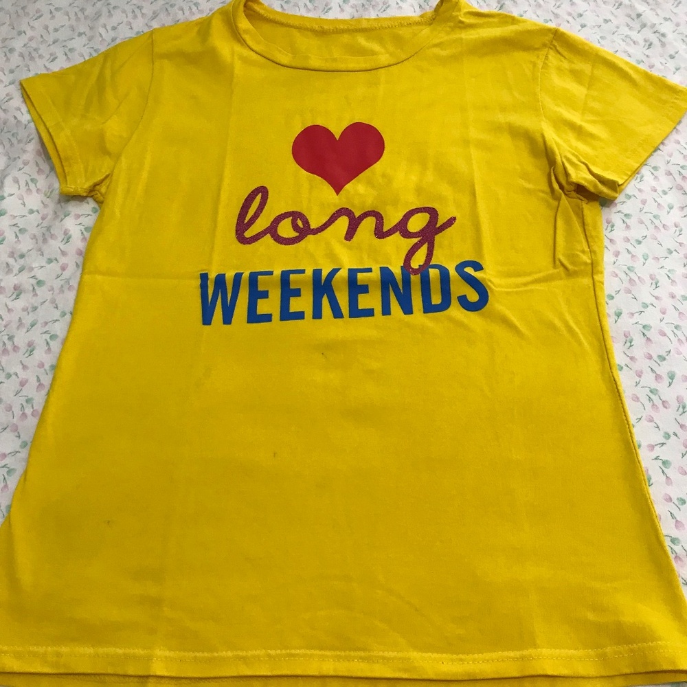 Love Long Weekends Graphic T Shirt S Fit Short Sleeve Top Yellow Sparkly